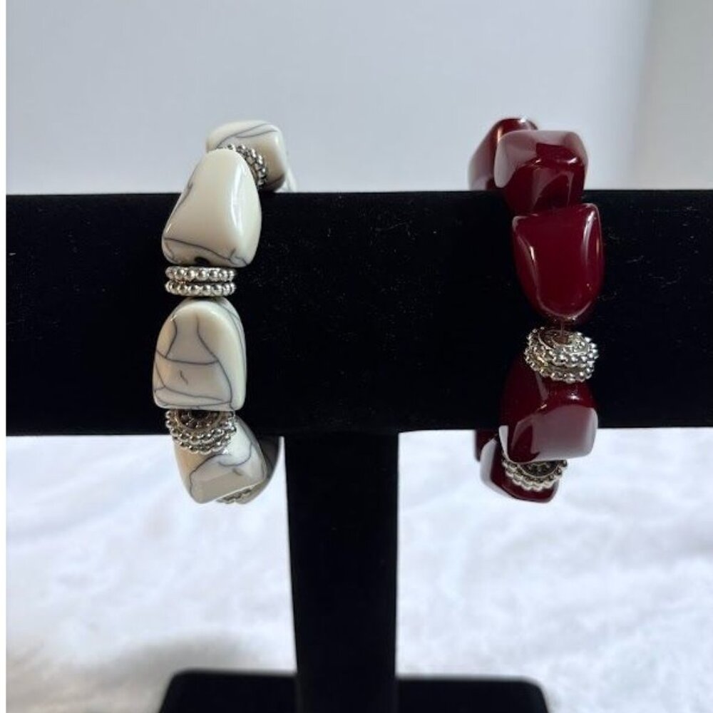 Two-Piece Set Chunky Beaded Stretch Bracelets With Silver Accents